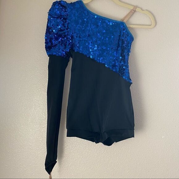 WEISSMAN Balera Dance Costume blue sequin one puff sleeve large child LC - Picture 3 of 13